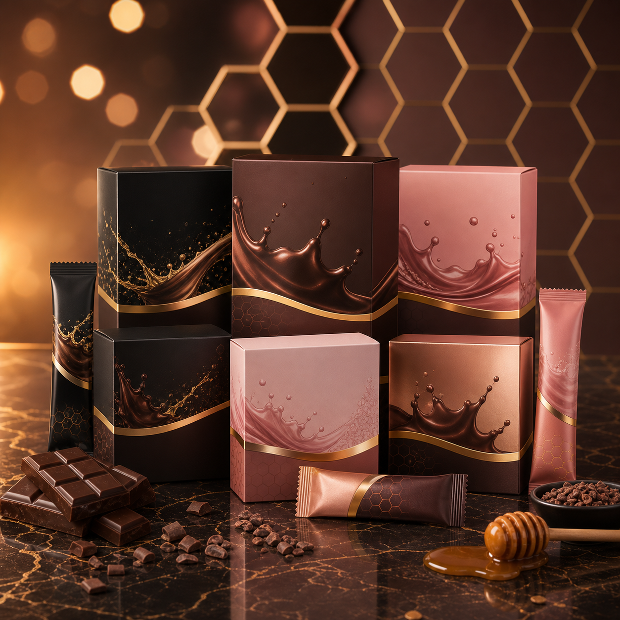 Chocolates premium Miel Divina en presentacion de cajas y sobres