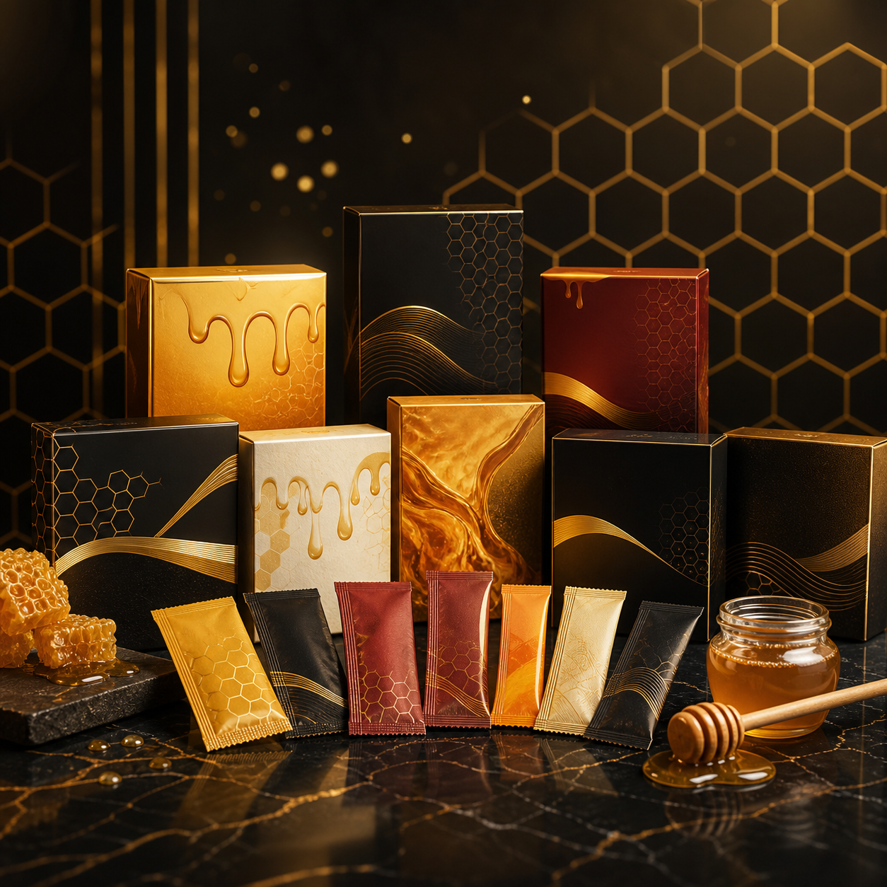 Mieles premium Miel Divina en presentacion de cajas y sobres
