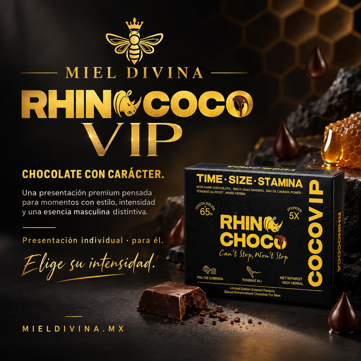 Miel Divina | Rinoceronte Chocolate 12 Piezas 10g | Chocolate Premium con Extractos Herbales Naturales
