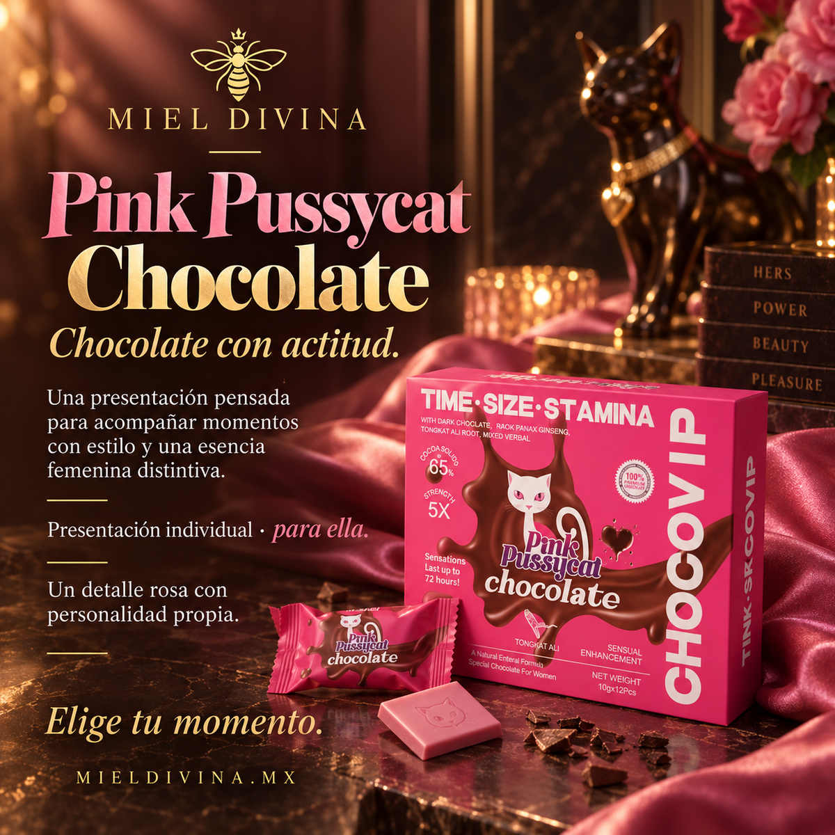 Miel Divina | Gatita Rosa Chocolate 12 Piezas 20g | Placer y Bienestar Femenino