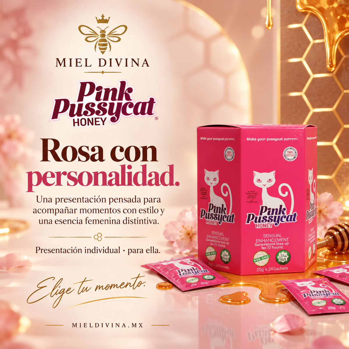 Miel Divina | Gatita Rosa 12 Sobres 12g | Miel Natural con Extractos Herbales para Ella