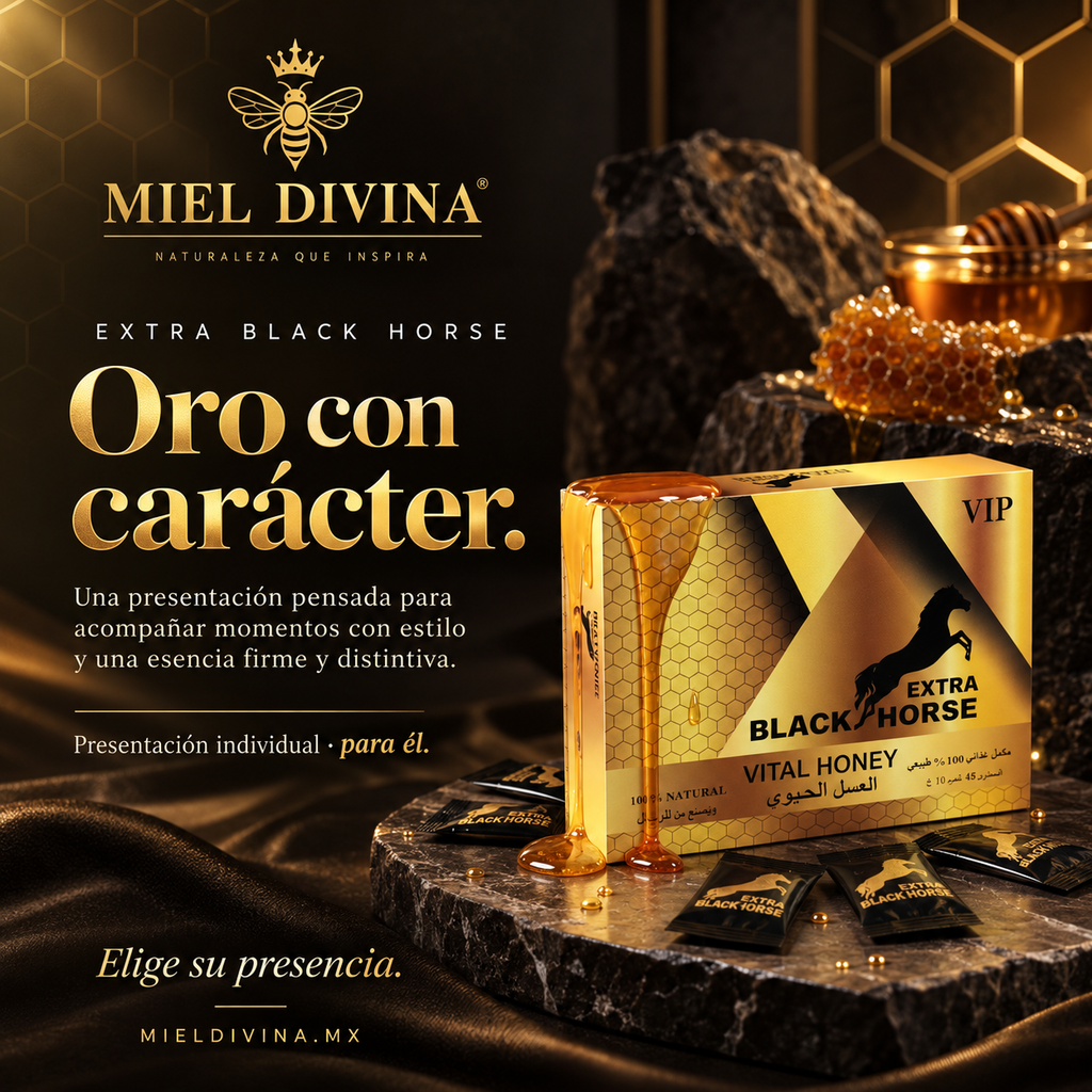 Miel Divina | Caballo Negro Extra VIP 48 Sobres 10g | Miel Artesanal con Extractos Herbales Naturales